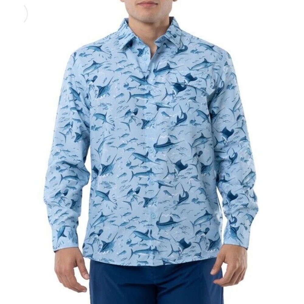 Men's Guy Harvey Marlin Beach Glass Tonal Bills Long Sleeve Fish Shirt Size S